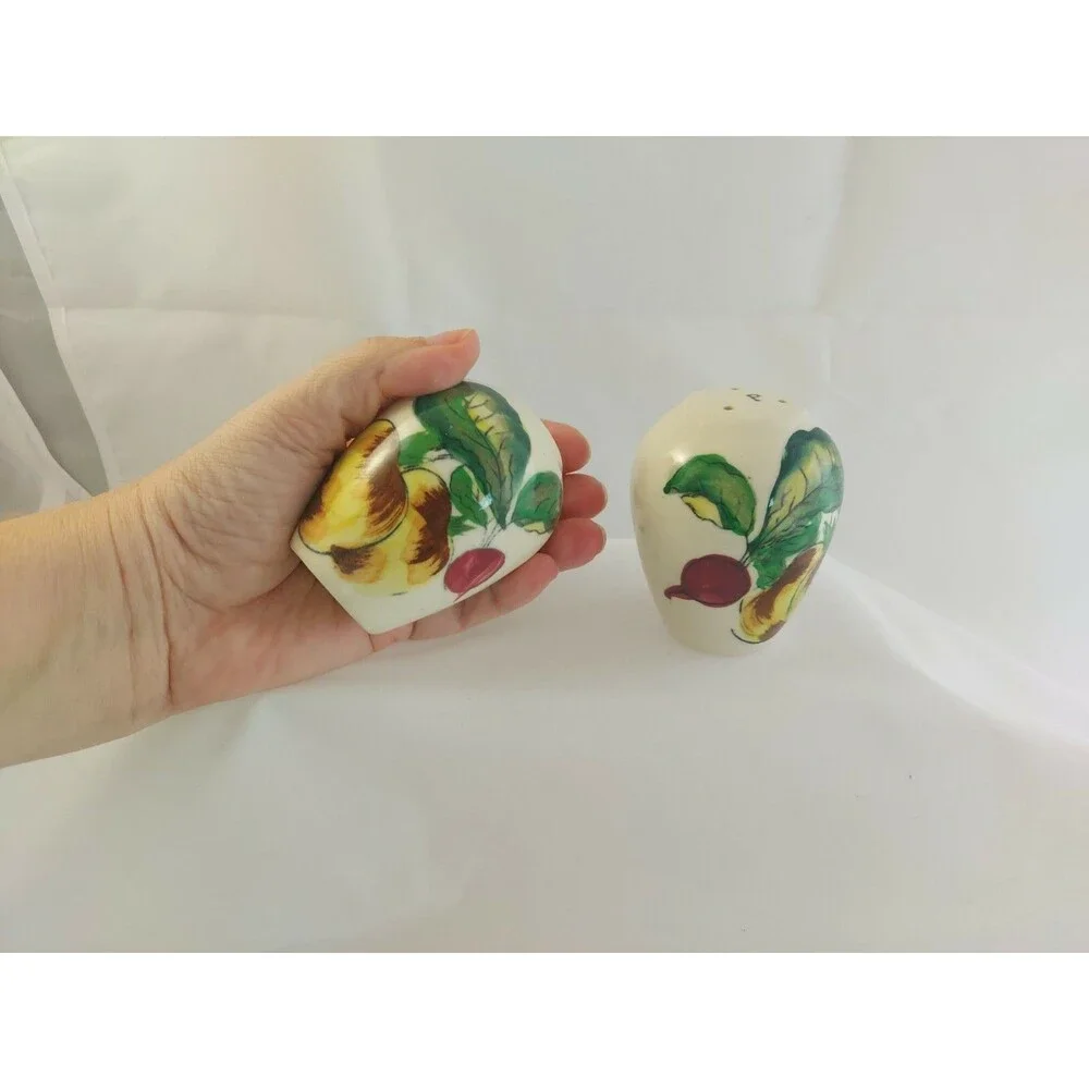 Rare Vintage Pottery Salt & Pepper Shaker Set Painted vegetables  S & P Letters